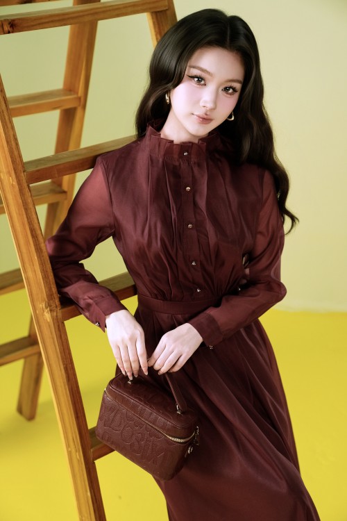 Sixdo Wine Organza Flared Dress
